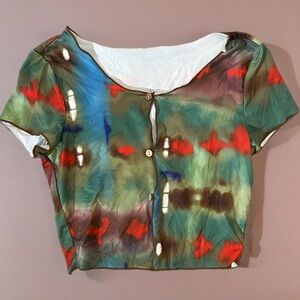 Vibrant Multicolor Tie-Dye Short-Sleeve Button-Down Crop Top